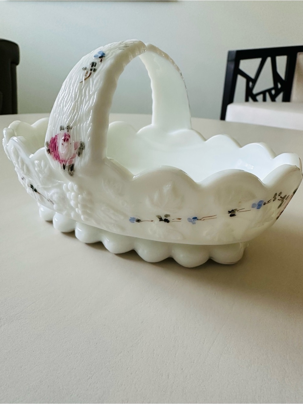 Milk Glass Handled Basket with Floral Accents - White